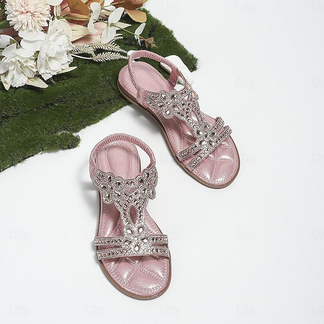 Flat Sandals Silver Women's – T-Strap Rhinestone Boho