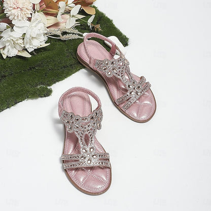 Flat Sandals Silver Women's – T-Strap Rhinestone Boho