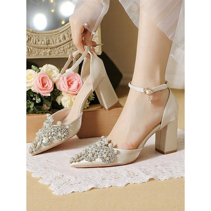 Pearl Embellished Wedding Women's and Rhinestone Block Heel