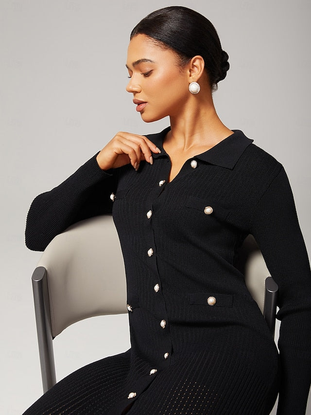 Women's Elegant Black Knit Maxi Dress