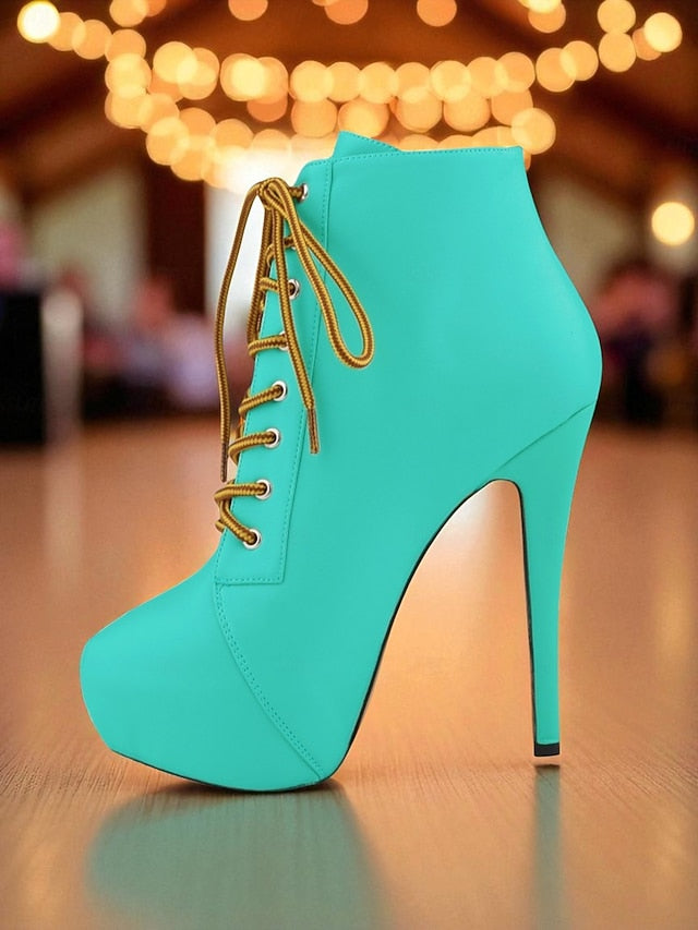 Boots Platform Beige Ankle - Women's Lace-Up Leather Faux