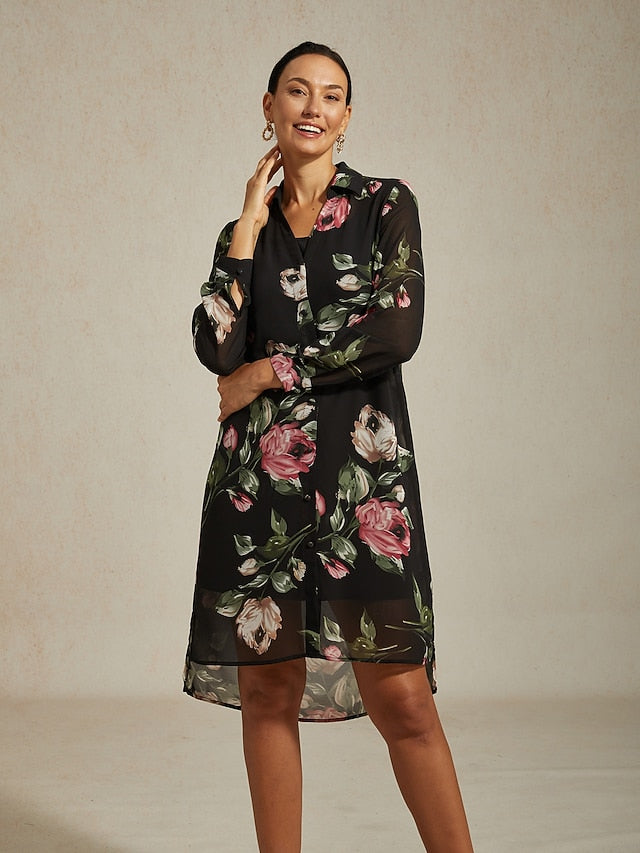 Women's Mini Dress V Neck Shirt Collar Chiffon Black Floral
