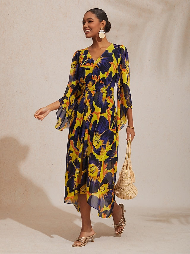 Vacation Abstract Floral Print Waist-defined Chiffon Maxi Dress