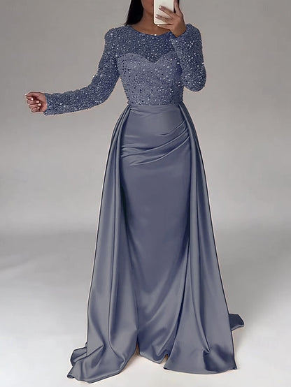 Evening Long Dress Gown Mermaid RuchedSatin Sleeves Sequin