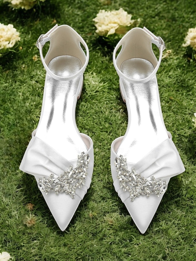 Bow with Pointed-Toe Rhinestone Ankle White Heels Satin and