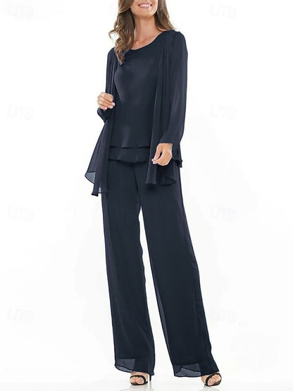 Piece Pantsuit Elegant of Crew Bride Mother 3 the Dress Neck