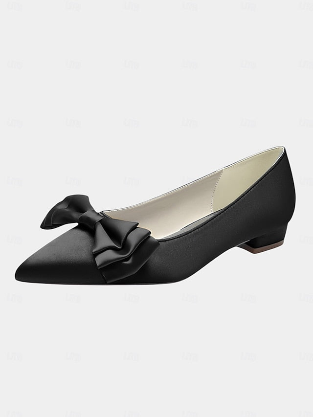 Satin Toe Pointed Green Bow Elegant - Women's Flats