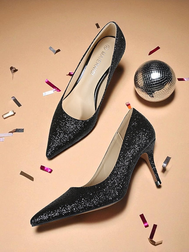 Pumps Gold Pointed-Toe - Stiletto Sparkly Glitter Women's
