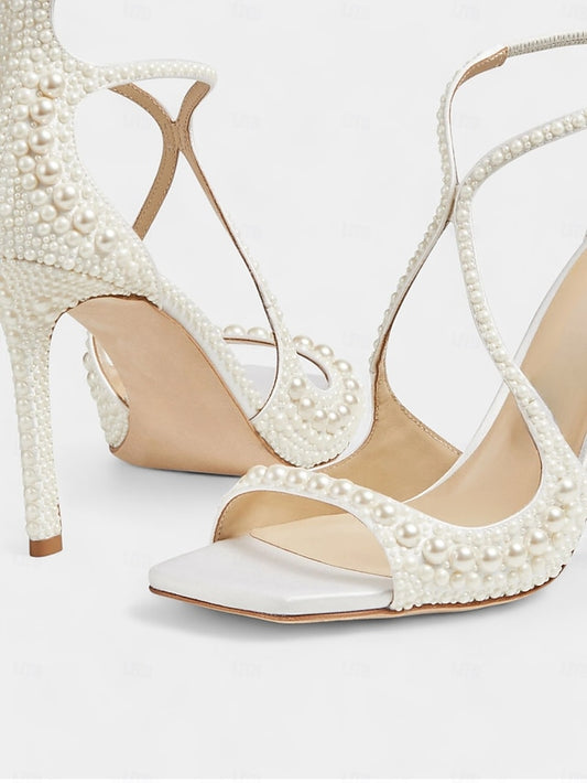 Open-Toe Stiletto Ankle White Sandals Pearl-Embellished with