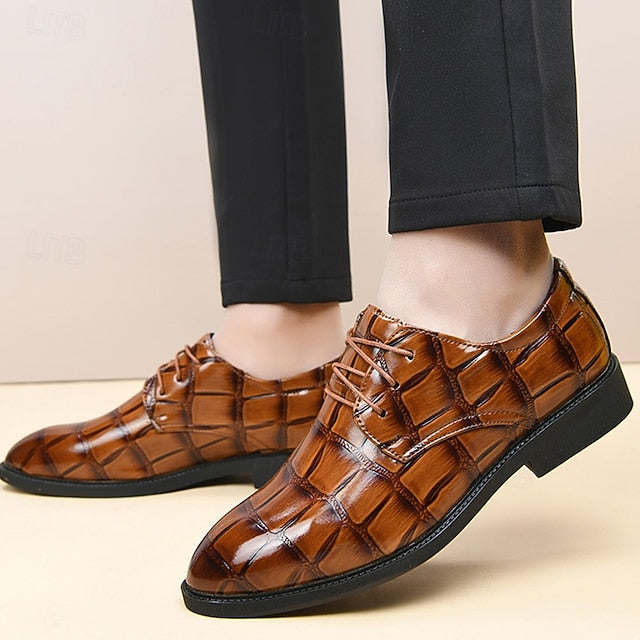 Men's Shoes Brown Dress Crocodile-Pattern Leather