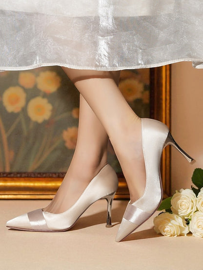 Women's Toe Pumps Dress Pointed Heel Satin - High Champagne