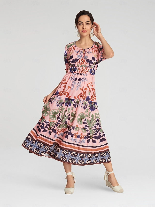 Floral Lace Up Elegant Short Sleeve Midi Dress