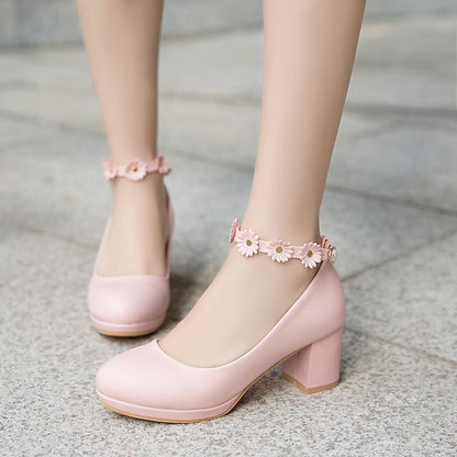 Ankle Daisy Block Heel Flower with Girls' White Shoes
