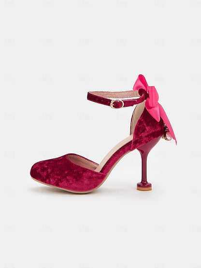 Women's with Burgundy Big Bow Jane Mary and Velvet Heels