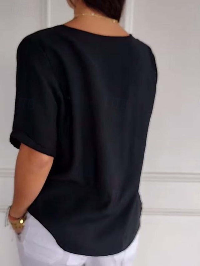 Women's Faux Cotton Linen Plain Basic Short Sleeve Crew