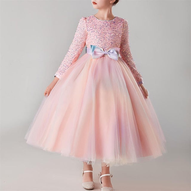 Kids Girls' Party Flower Long Color Girl Solid Dress