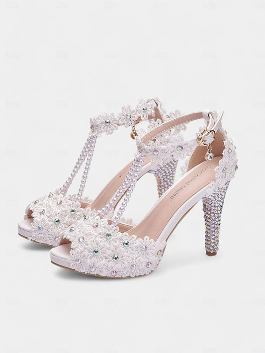 Sandals - Lace Pearl-Decorated Bridal T-Strap White Floral