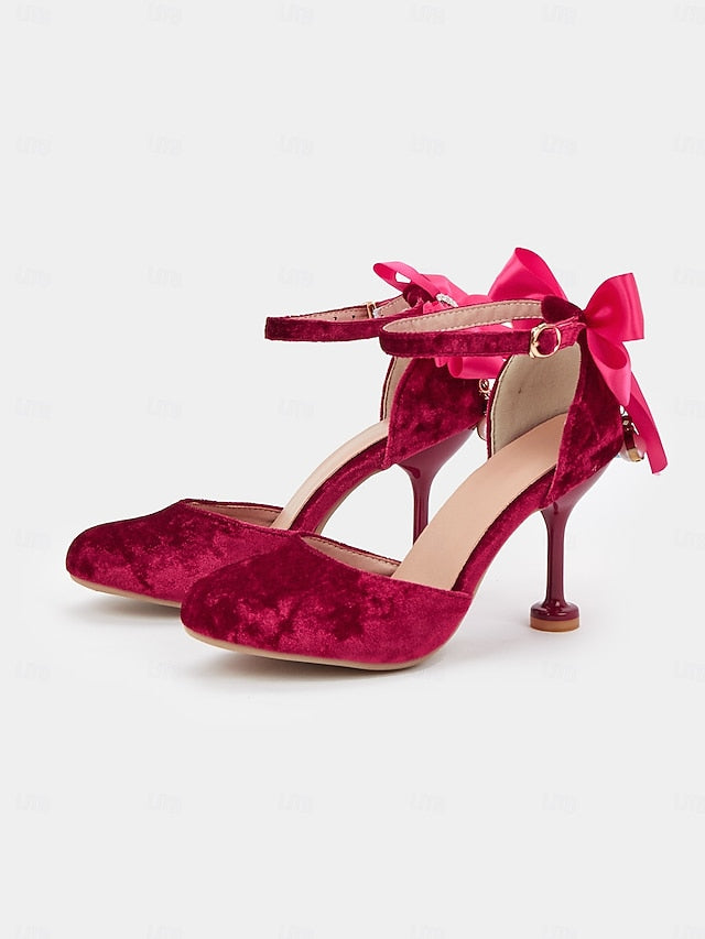 Women's with Burgundy Big Bow Jane Mary and Velvet Heels