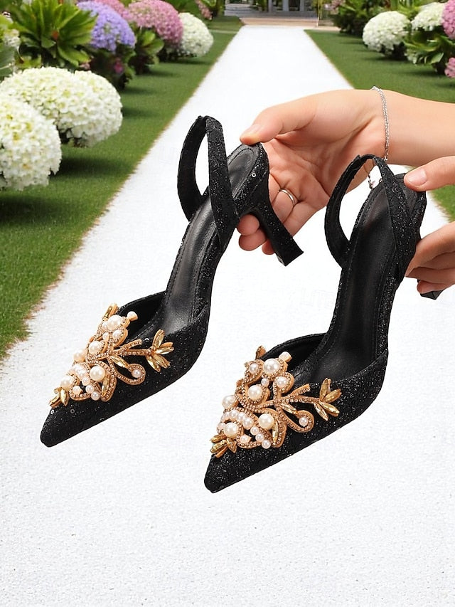 Black Pearl Heels - Slingback Satin with Women's Detailing