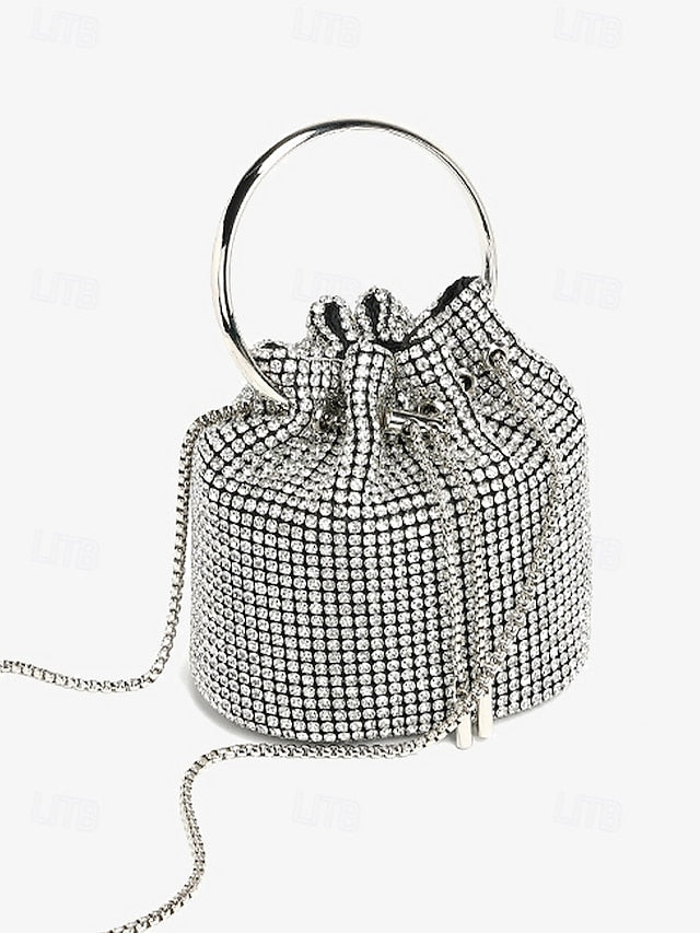 Sparkling Silver Bucket with Rhinestone Bag Women's Metal