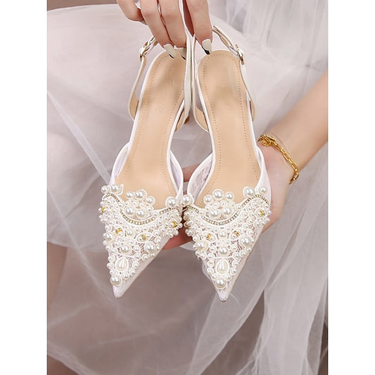 Pearl-Embellished Slingback White Pointed-Toe Kitten Heel with