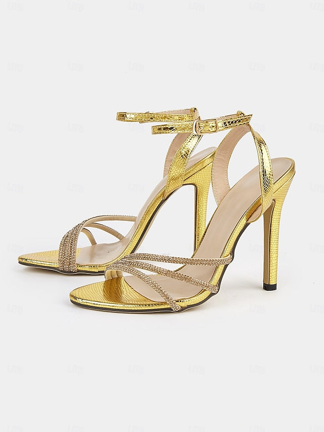 Women Sandals Rhinestone-Embellished Gold Stiletto for Open-Toe