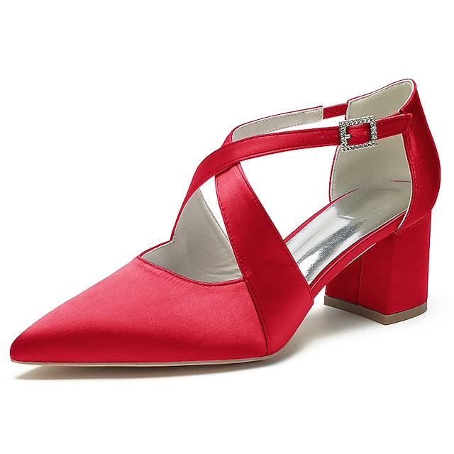 Block Pointed Toe Women's – Satin Elegant Heels White