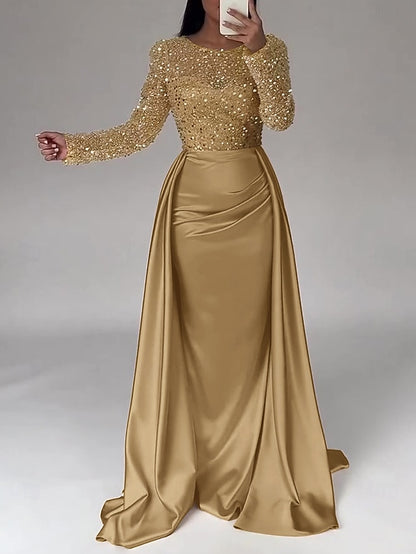 Evening Long Dress Gown Mermaid RuchedSatin Sleeves Sequin