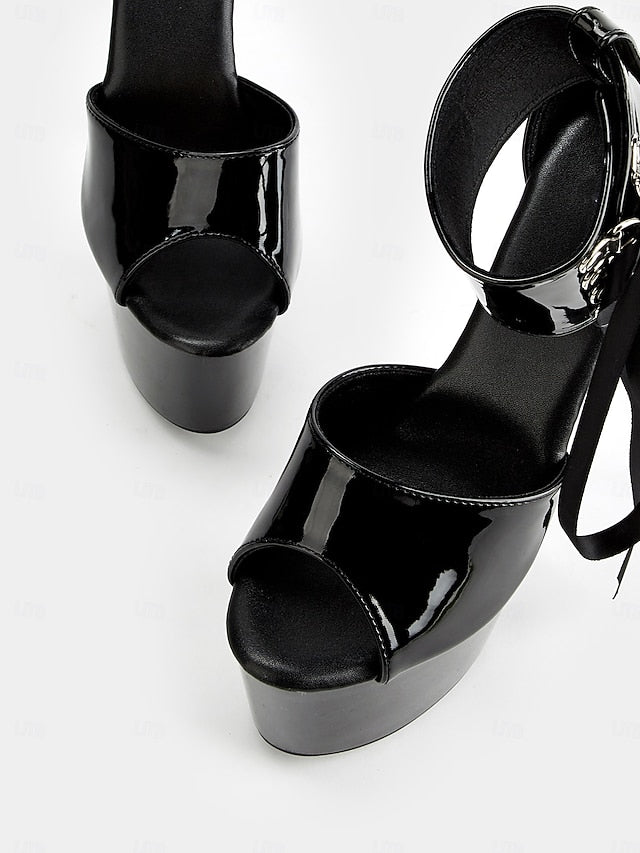 Straps Black Leather Ankle Lace-Up with Patent Sandals Platform