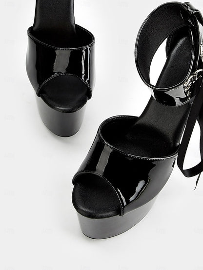 Straps Black Leather Ankle Lace-Up with Patent Sandals Platform