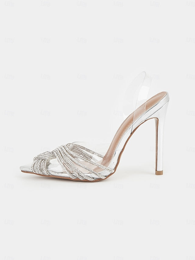 Sandals Stiletto Silver with Transparent Rhinestone – Straps