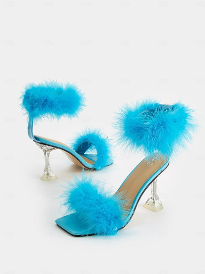 Feather-Embellished High Clear Sandals Turquoise with Heel