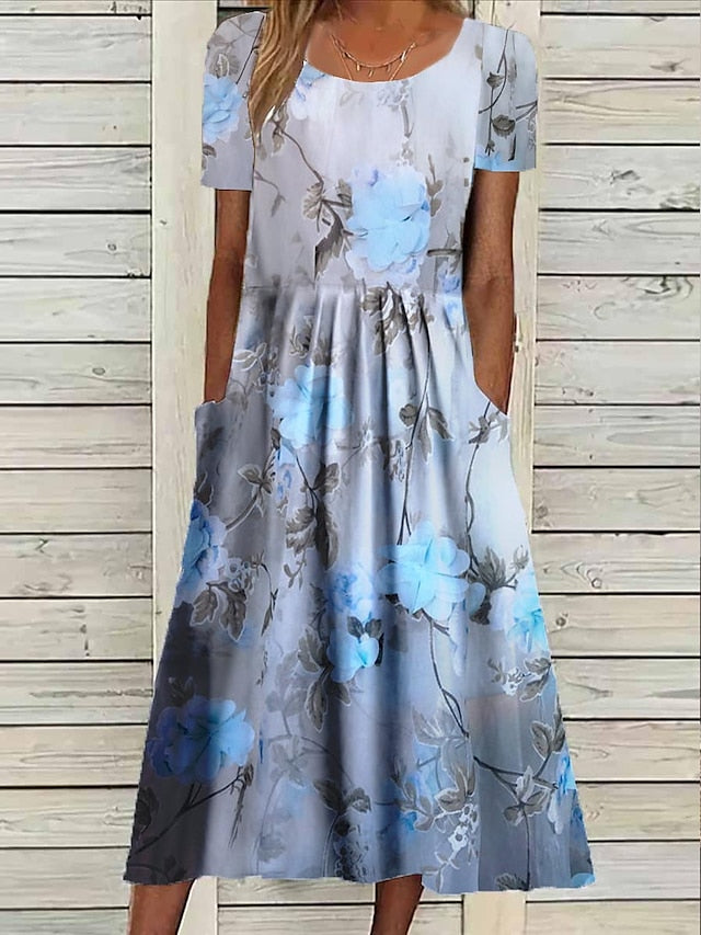 Women's Midi Dress Floral Pocket Print Crew Neck Daily Date
