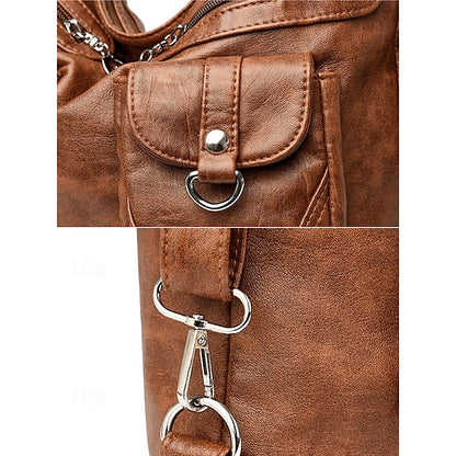 Brown Leather Women's Bag Multiple Faux Pockets with Hobo