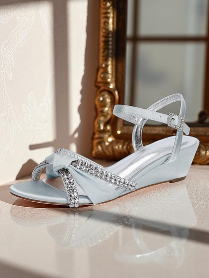 Sandals - Satin Wedge Rhinestone Dress Knot Green Women's