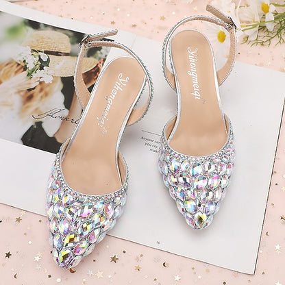 Heels Slingback Women's High Crystal Pointed-Toe Rhinestone