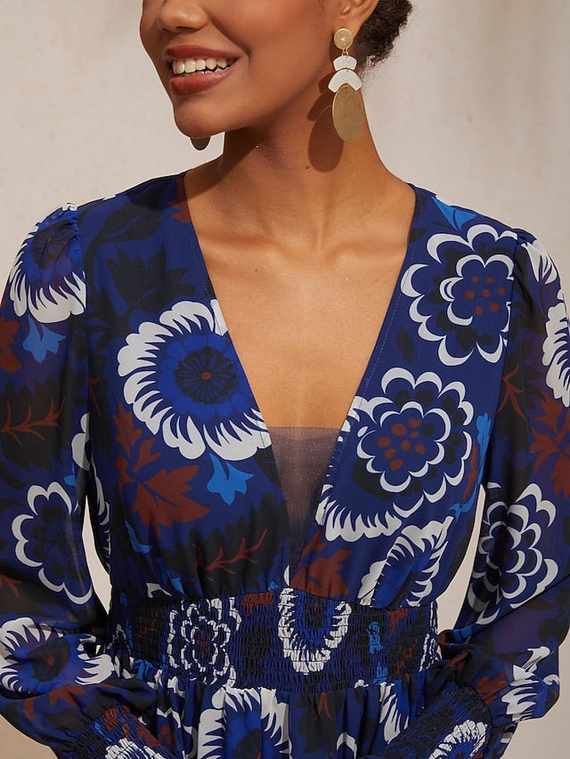 Chiffon Floral Composite Print Elegant Maxi Dress Banquet