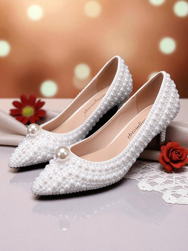 Women's Matching Kitten Pearl-Embellished Pumps Heel and