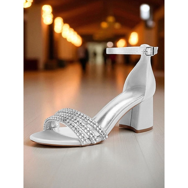 with Sandals Women's Block Heel Purple Rhinestone Satin