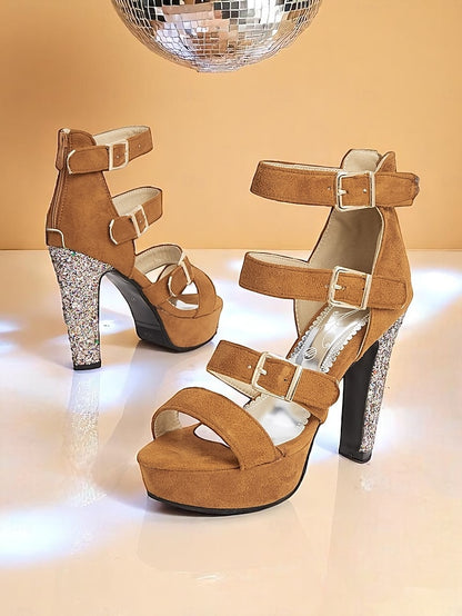 Glitter Sandals with Heel Brown Women's High Suede Platform