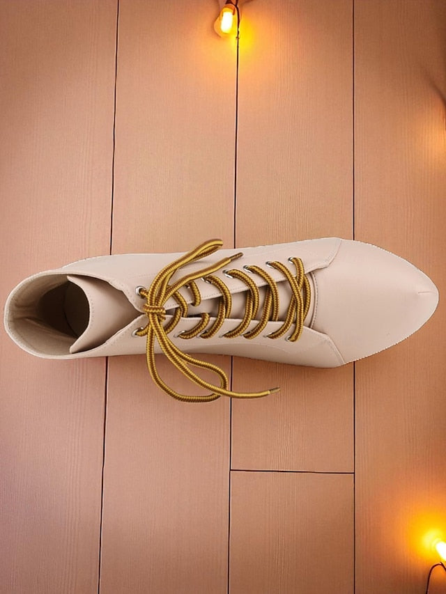 Boots Platform Beige Ankle - Women's Lace-Up Leather Faux
