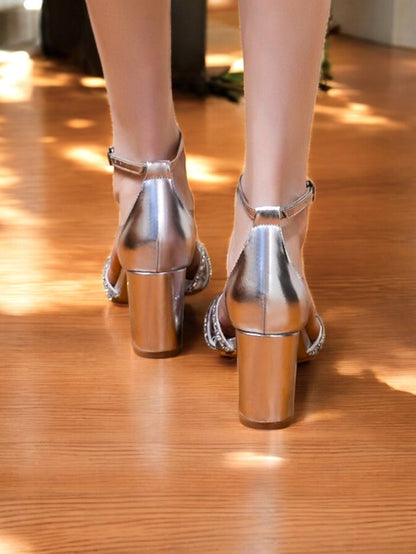 Metallic Rhinestone Block Strappy with Heel Silver Sandals
