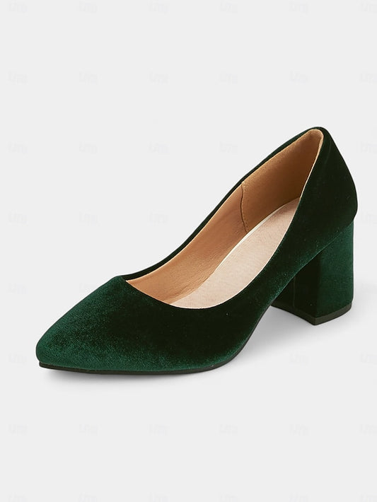 Pumps - Block Heel Elegant Green Women's Pointed Velvet Toe