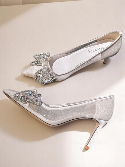Women's Heels Bow Rhinestone High with Glitter