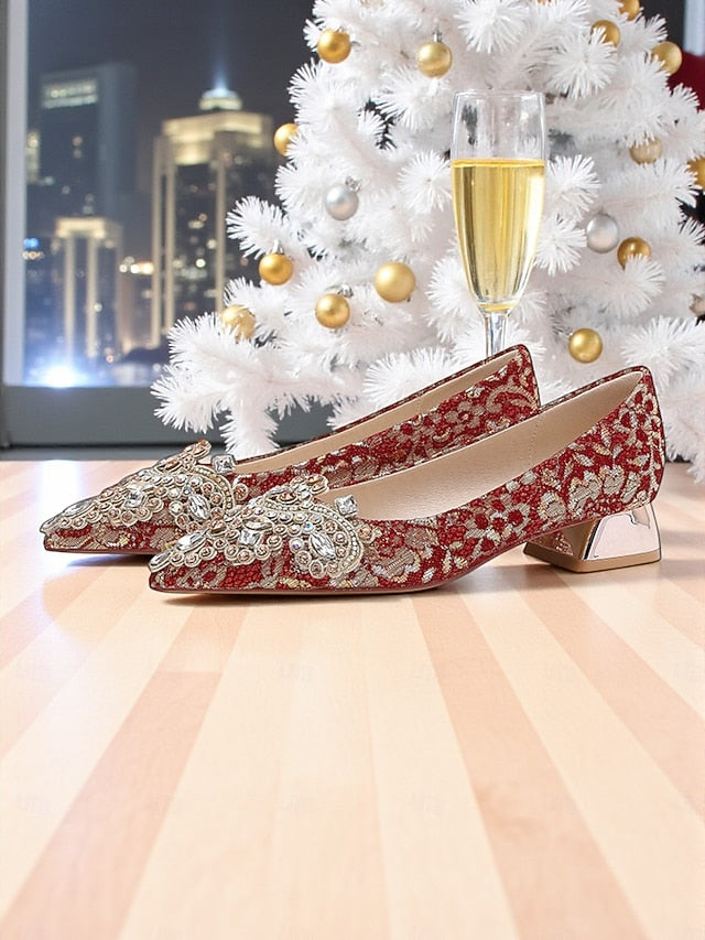 Embellished Pointed-Toe Women's Red Rhinestone Flats