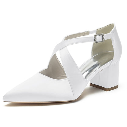 Block Pointed Toe Women's – Satin Elegant Heels White
