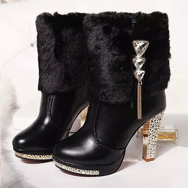 - Heels Rhinestone Fur Boots Faux Women's White with Ankle