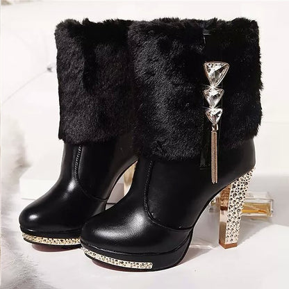 - Heels Rhinestone Fur Boots Faux Women's White with Ankle