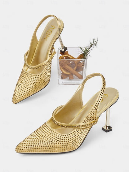 Pointed Rhinestone Heels - Women's Gold Sparkly Toe