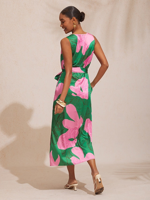 Vacation Contrast Color Floral Print Satin Maxi Dress